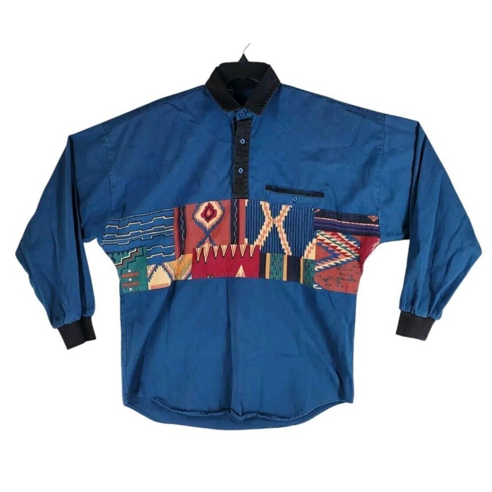 Vtg Roper Aztec Polo Pullover Shirt LS Mens XL Teal Blue Western Rodeo Boxy